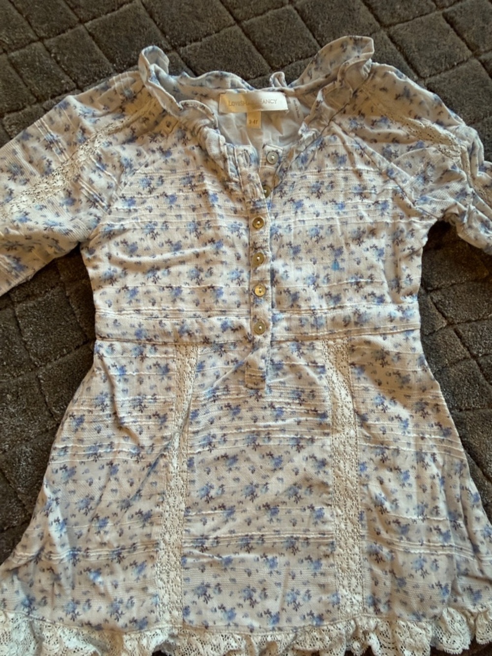 LoveShackFancy Girls Pale Blue Floral Ruffle Button-Front Top - Picture 3 of 5